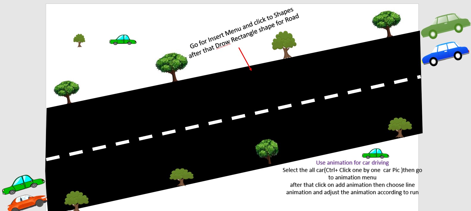 draw rectangle and insert car and tree