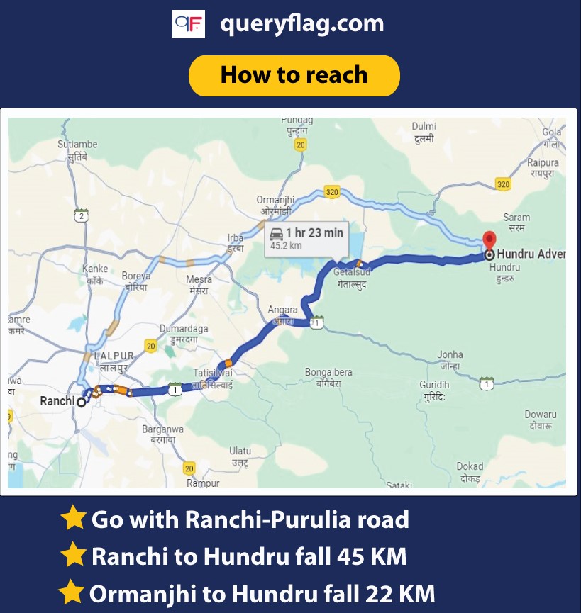 how to reach map Ranchi to hundru fall distance 45 kilomter 