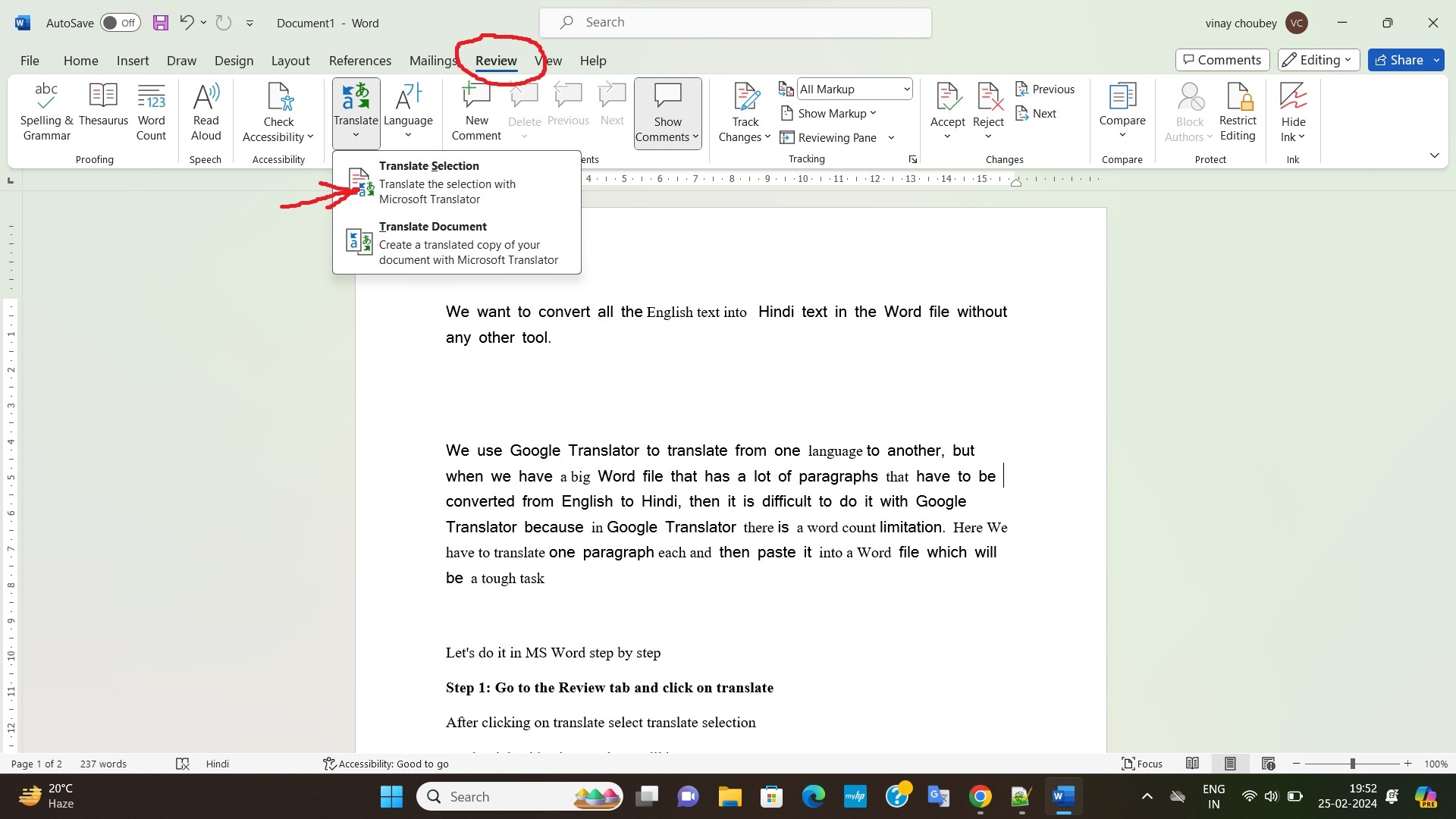 How to translate English to Hindi in MS word